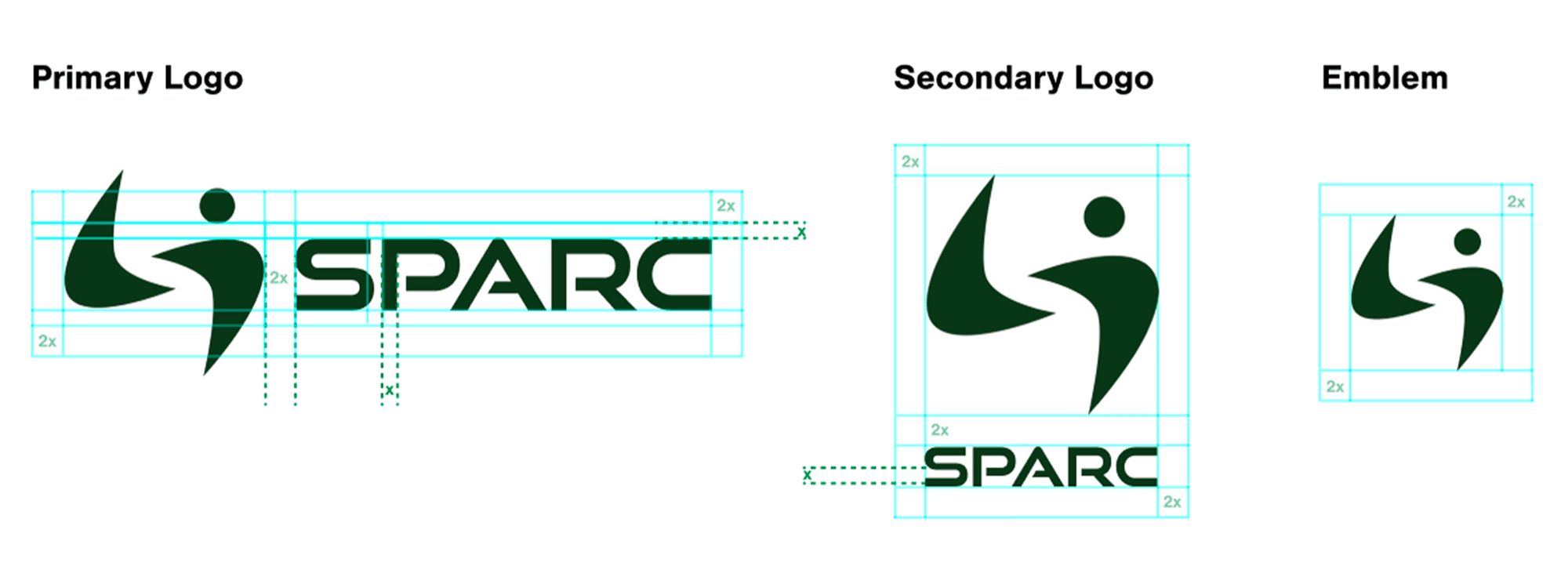 SPARC final logo specs — Primary Logo, Secondary Logo, and Emblem with grid guidelines