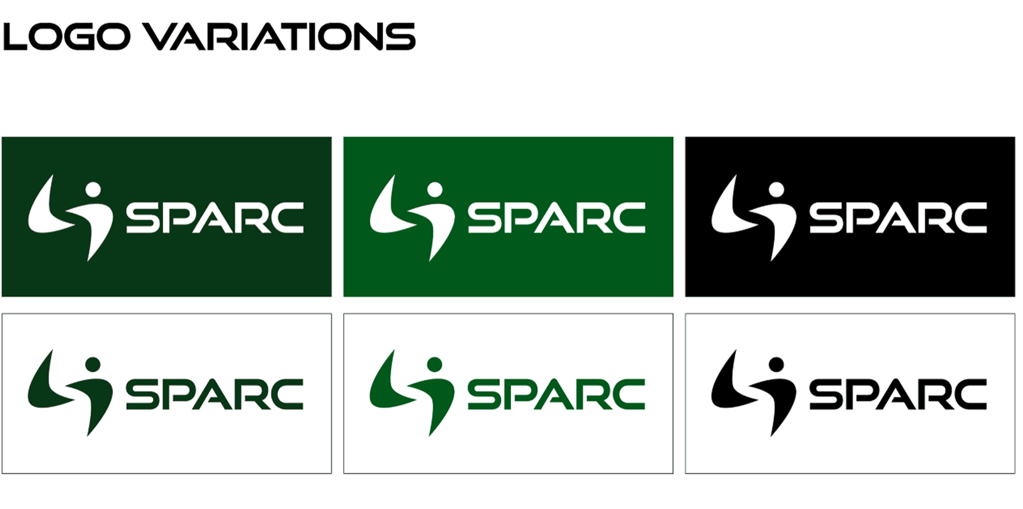 SPARC logo variations — dark green, olive green, and black on colored and white backgrounds