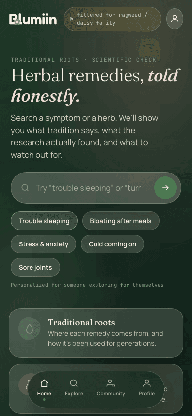 Home: symptom-first search with personalized quick chips